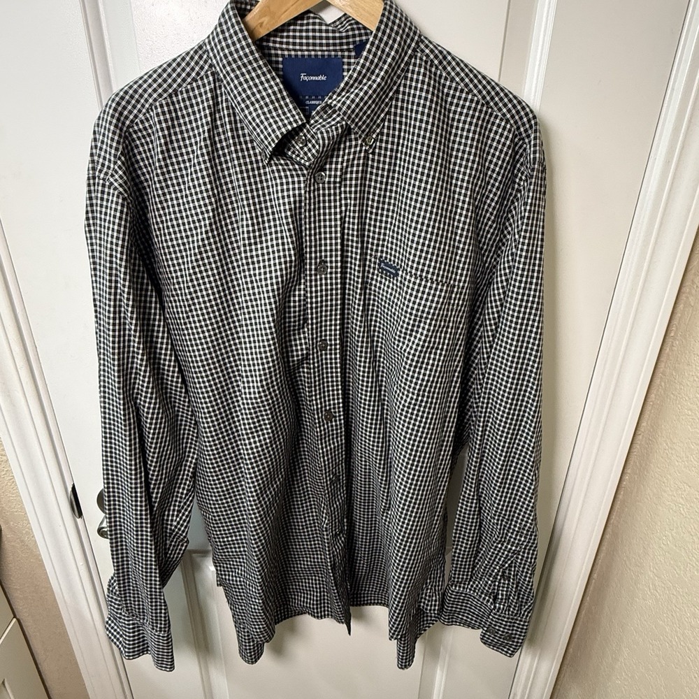 Faconnable Classique Shirt Mens XL Brown White Plaid Cotton Button Up